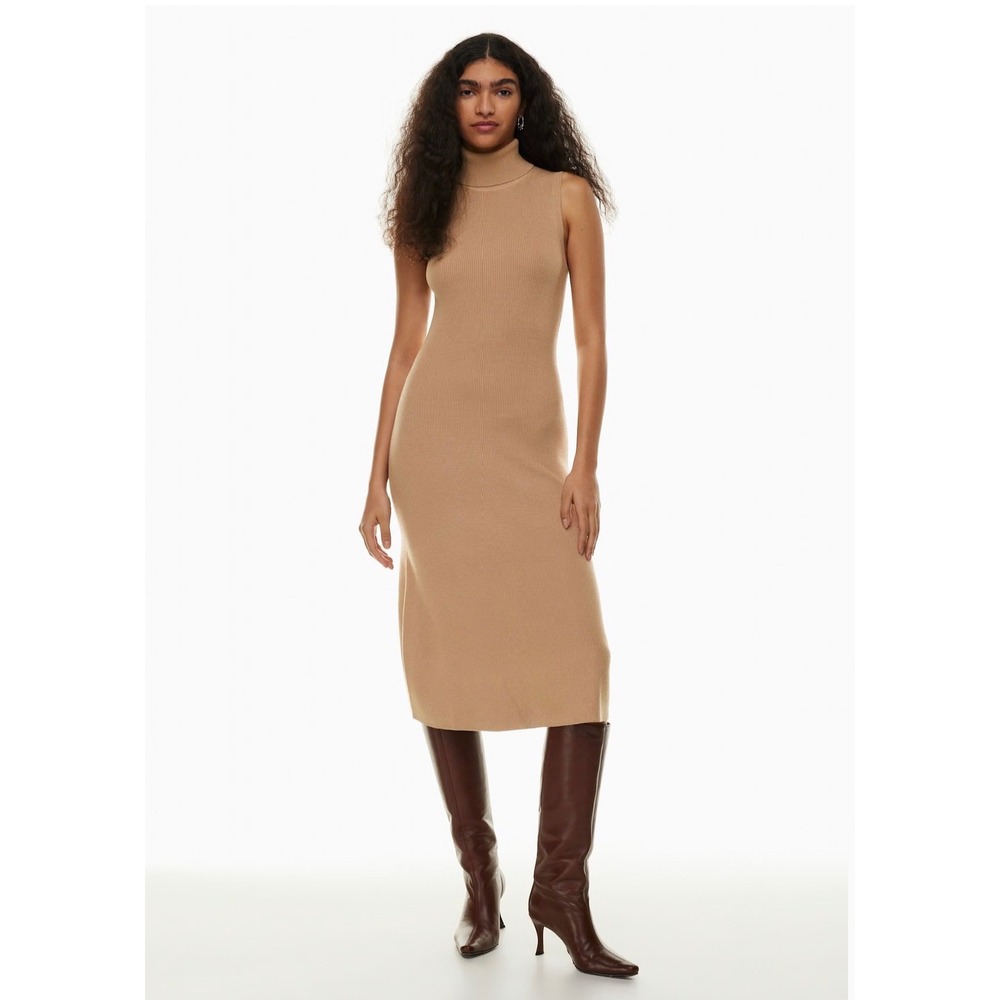 Aritzia Wilfred Mimi Turtleneck Knit Midi Dress Bodycon Gold Camel Small 90703